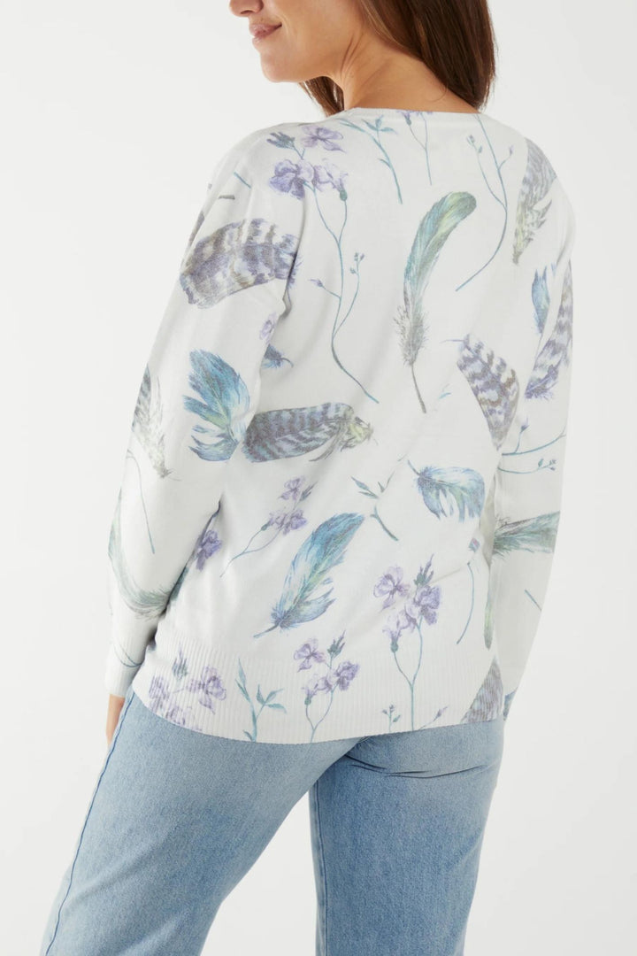 Cream Feather Print Super Soft Knitted Jumper