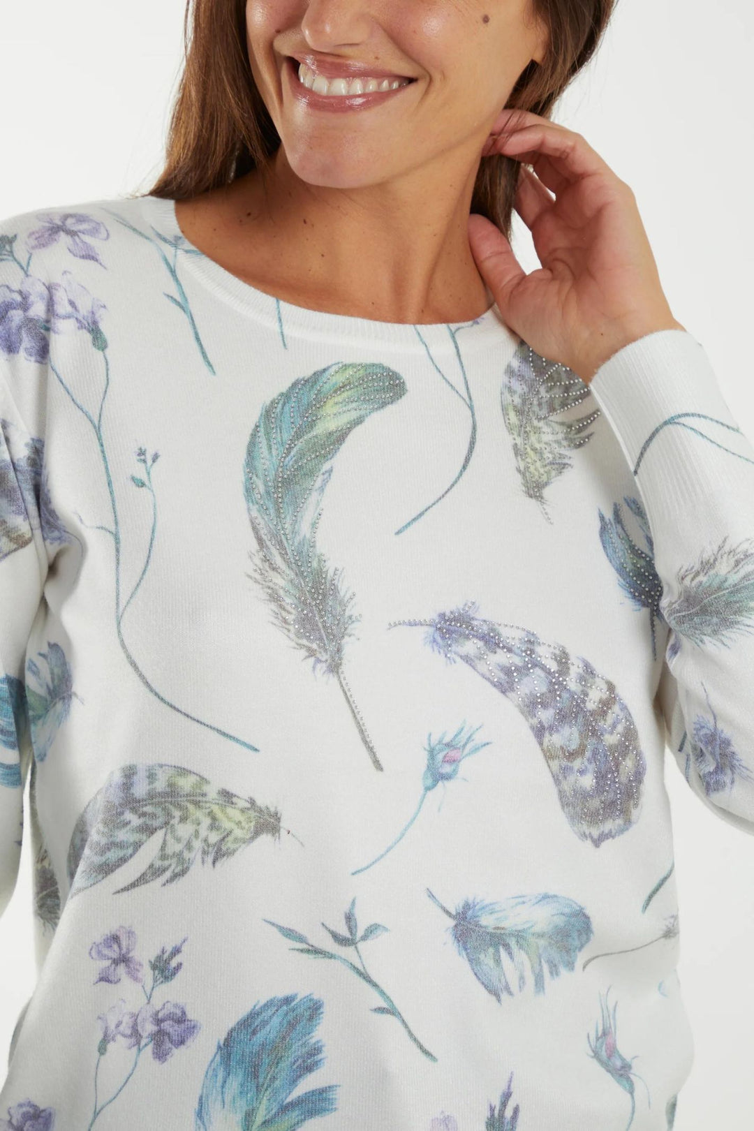 Cream Feather Print Super Soft Knitted Jumper