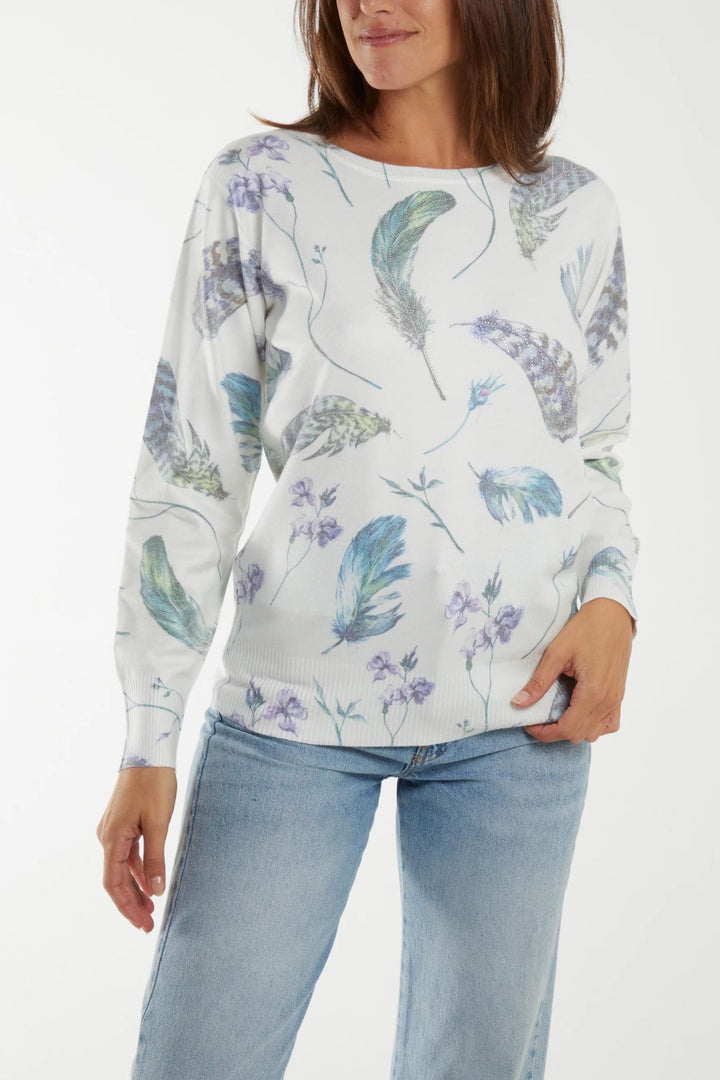 Cream Feather Print Super Soft Knitted Jumper