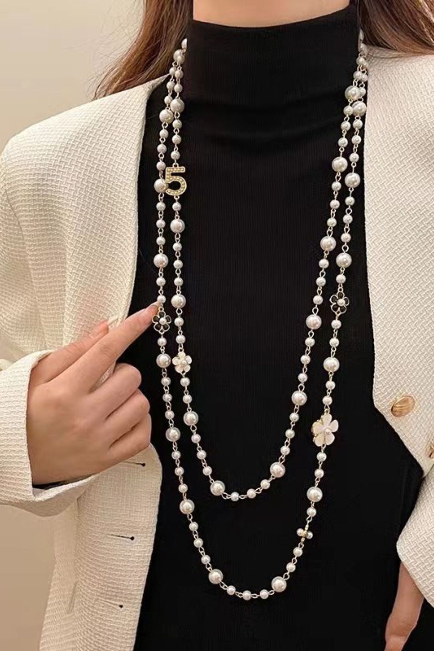 Cream No5 Camellia Faux Pearl Multi Layer Necklace Experience Boutique