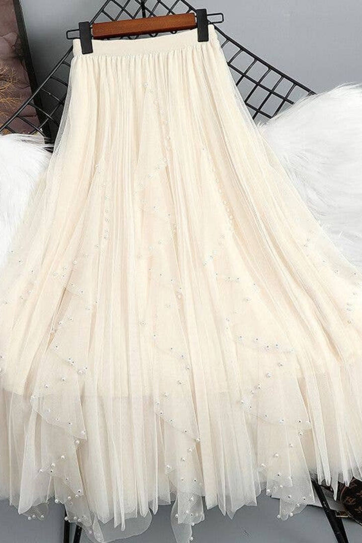 Cream Pearls Embellished Tulle Skirt