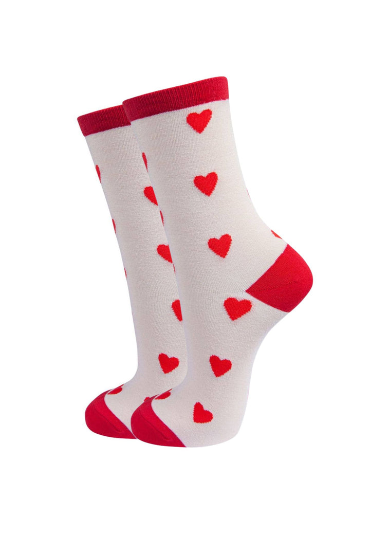 Cream Red Love Hearts Bamboo Ankle Sock
