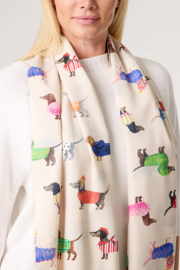 Cream Sausage Dog Print Soft Scarf