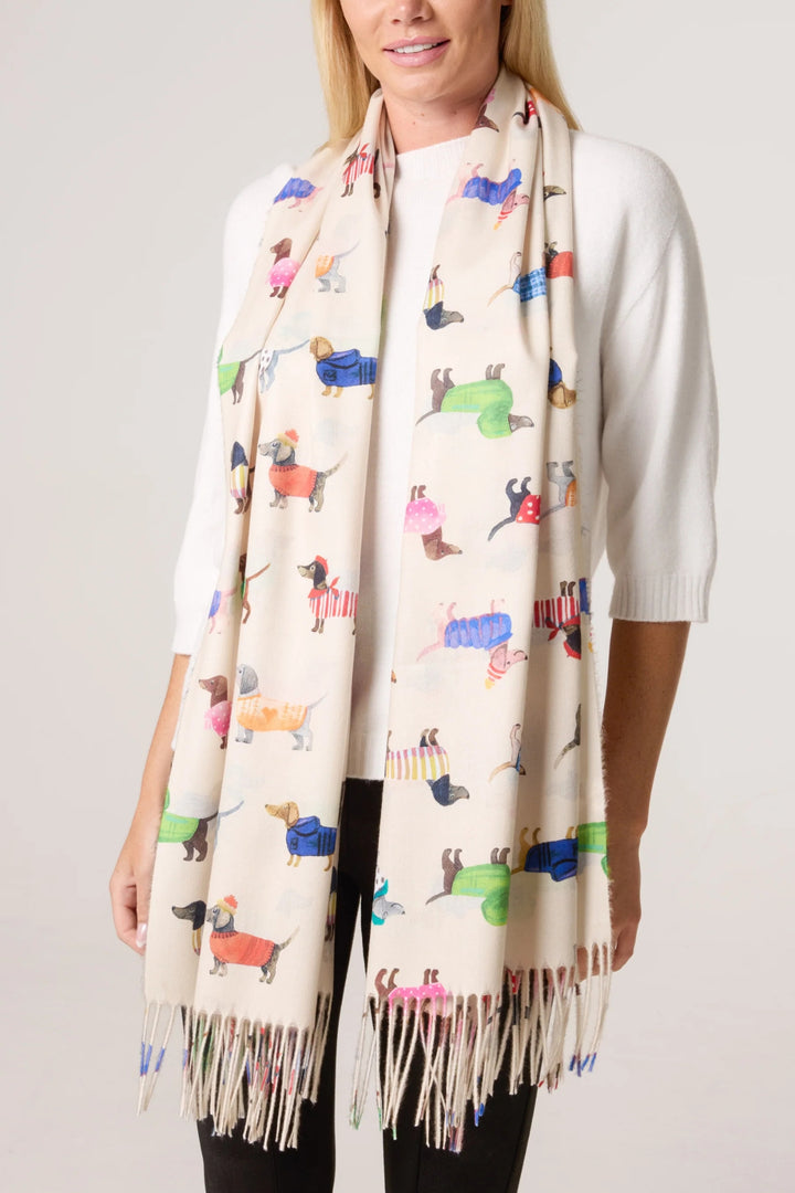 Cream Sausage Dog Print Soft Scarf