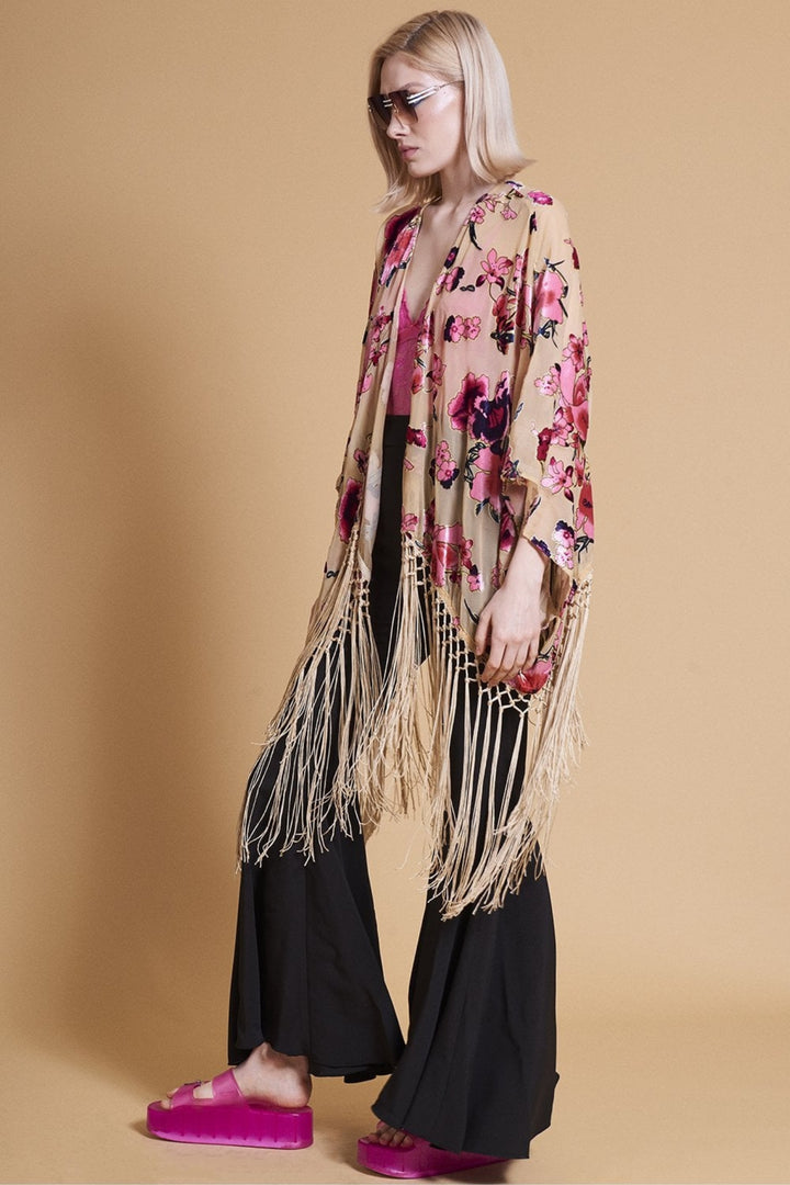 Cream Silk Devore Fringe Edge Kimono
