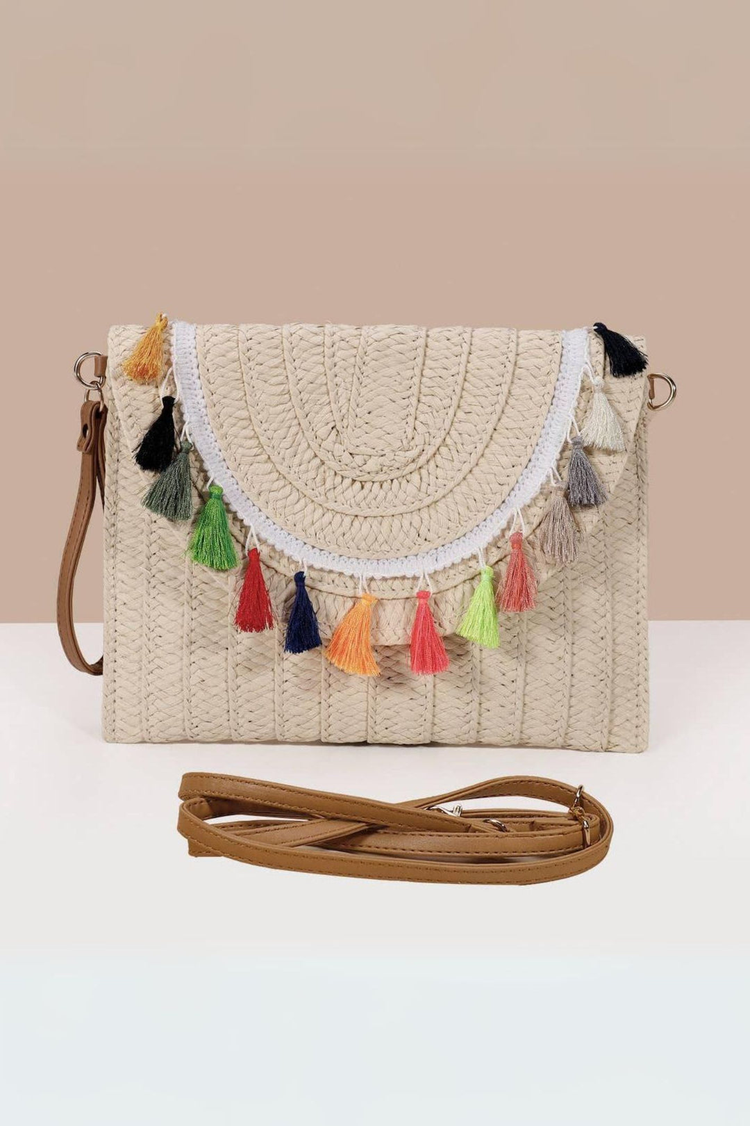 Cream Straw Bag With Multi-Coloured Tassel Detail