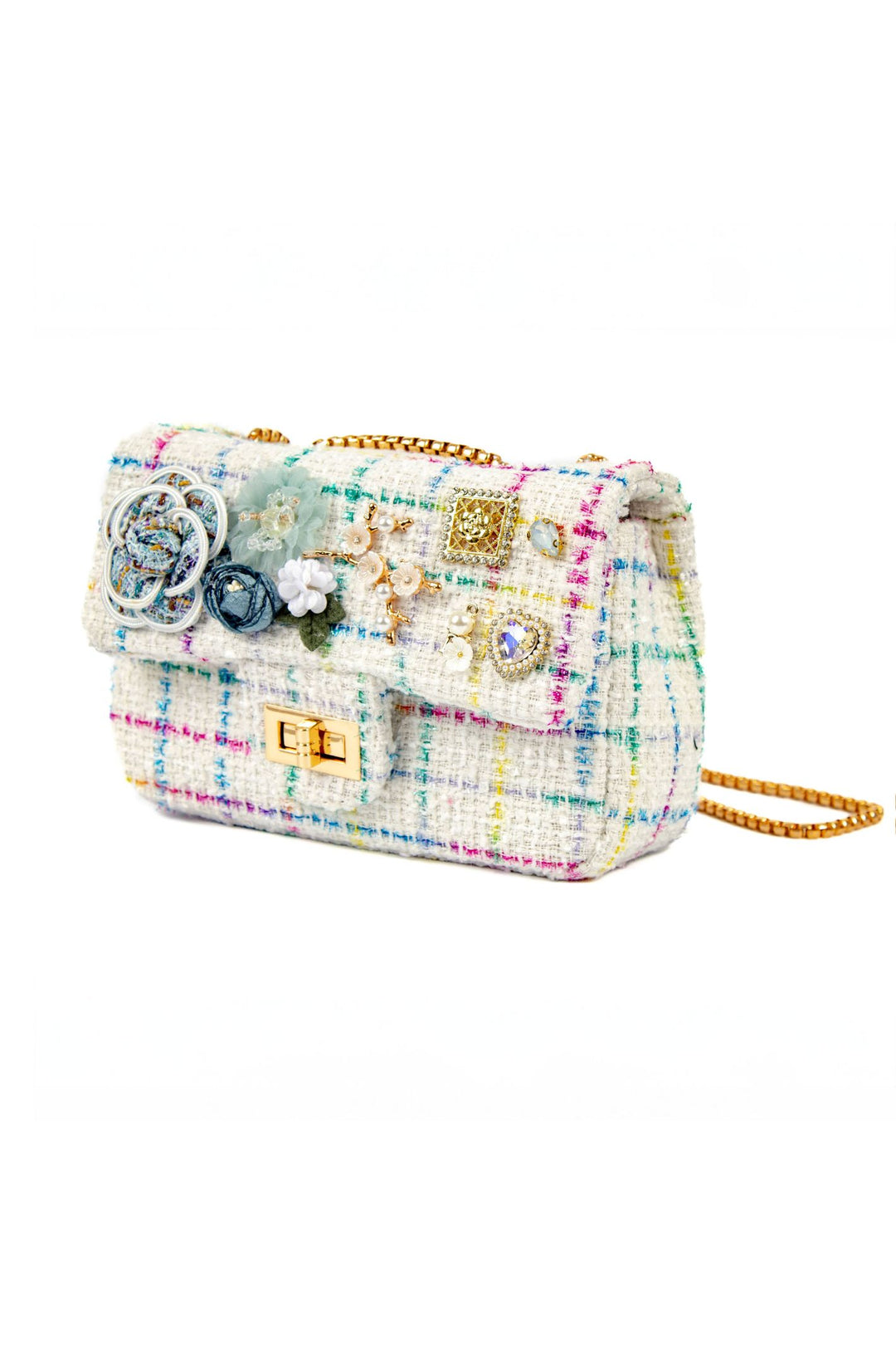 Cream & Multi Coloured Jewelled Tweed Handbag