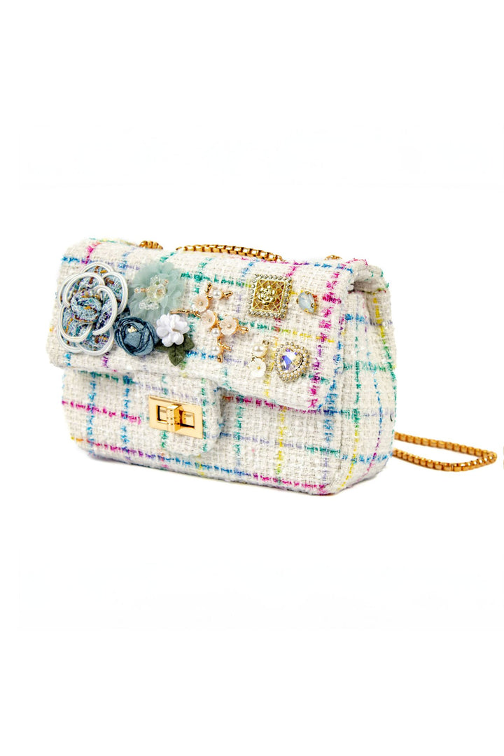 Cream & Multi Coloured Jewelled Tweed Handbag