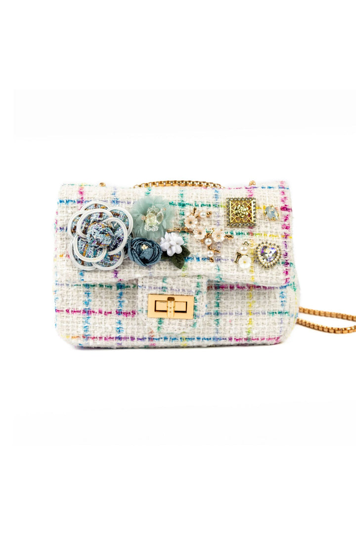 Cream & Multi Coloured Jewelled Tweed Handbag