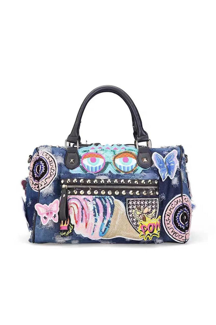 Dark Denim Embroidered Patch Handbag