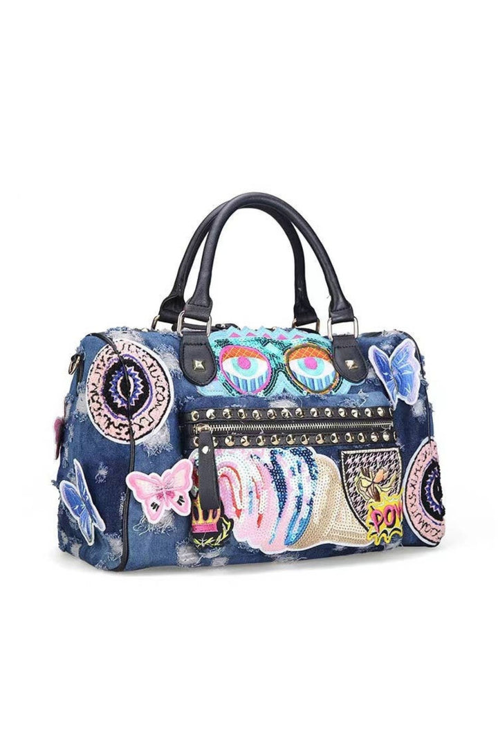 Dark Denim Embroidered Patch Handbag