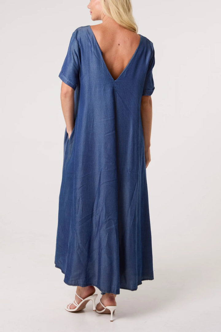 Dark Denim Tencel Double V-Neck Midi Dress