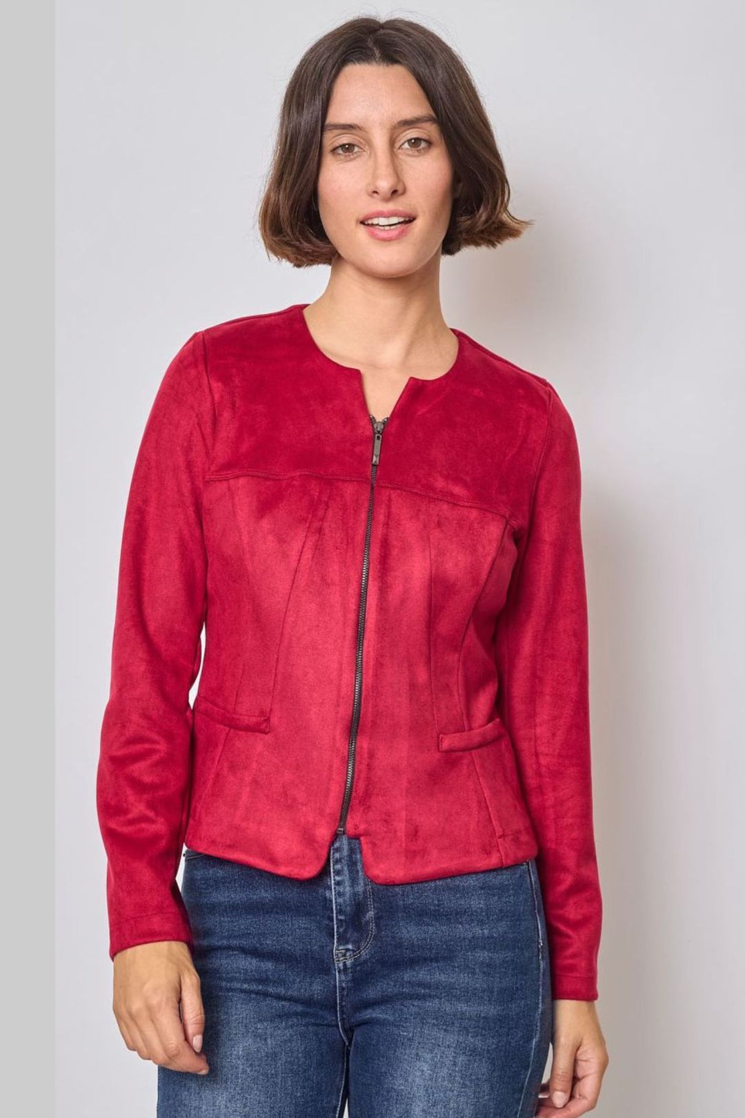 Deep Red Faux Suede Collarless Jacket