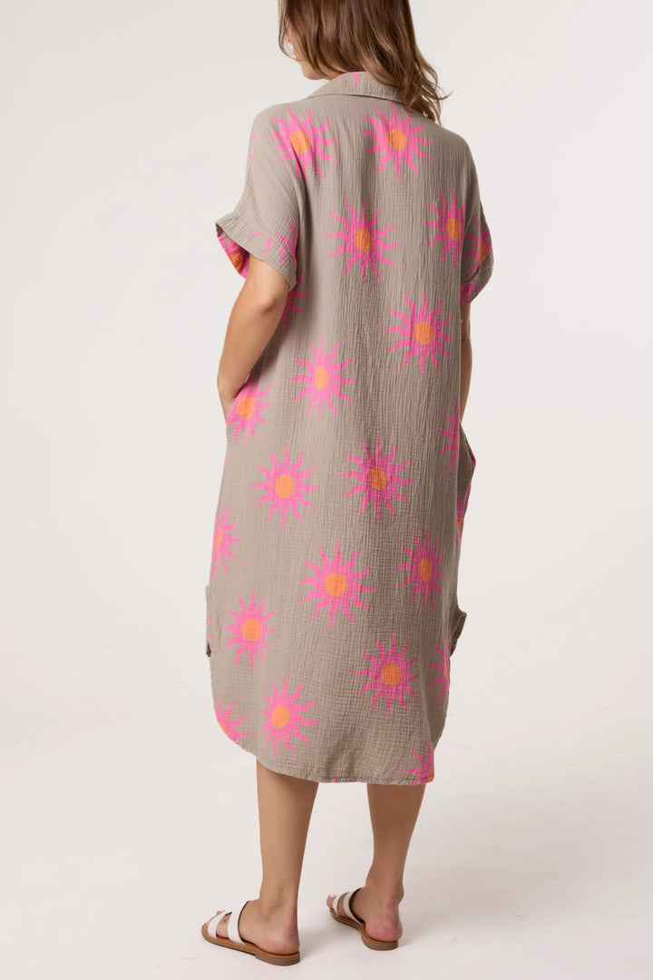 Deep Stone Sun Print Cotton Midi Dress