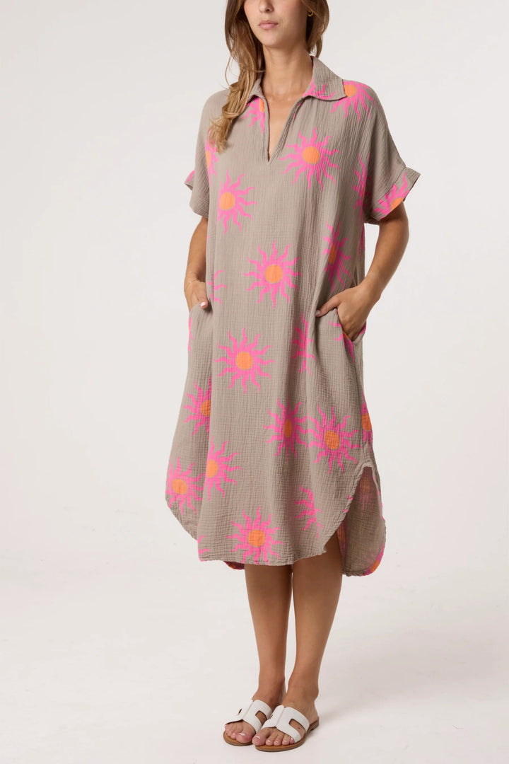 Deep Stone Sun Print Cotton Midi Dress