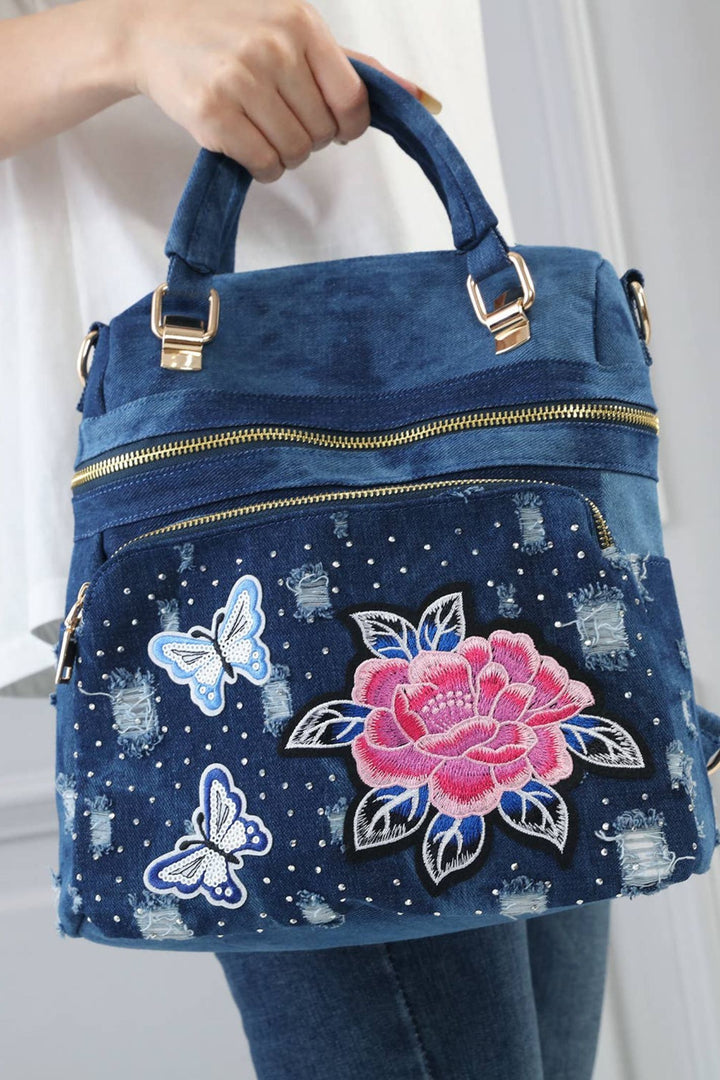 Denim Blue Flower Embellished Backpack