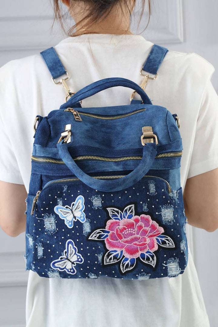 Denim Blue Flower Embellished Backpack
