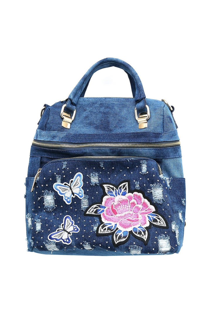 Denim Blue Flower Embellished Backpack