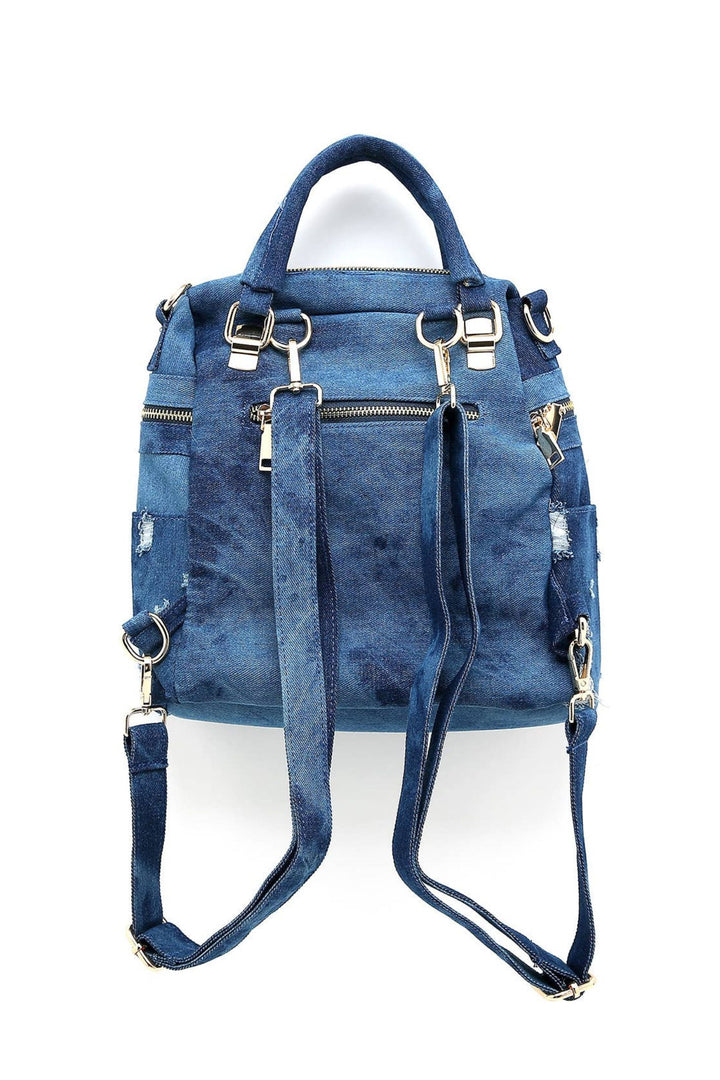 Denim Blue Flower Embellished Backpack