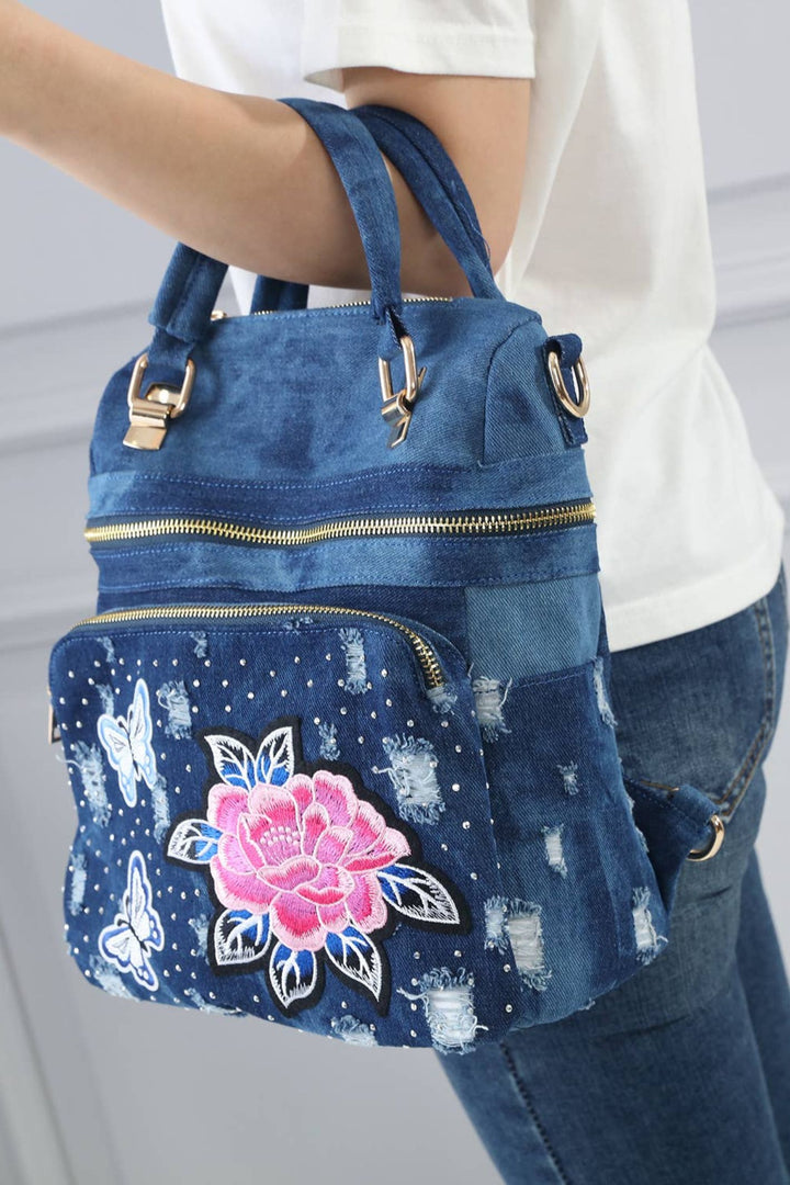 Denim Blue Flower Embellished Backpack