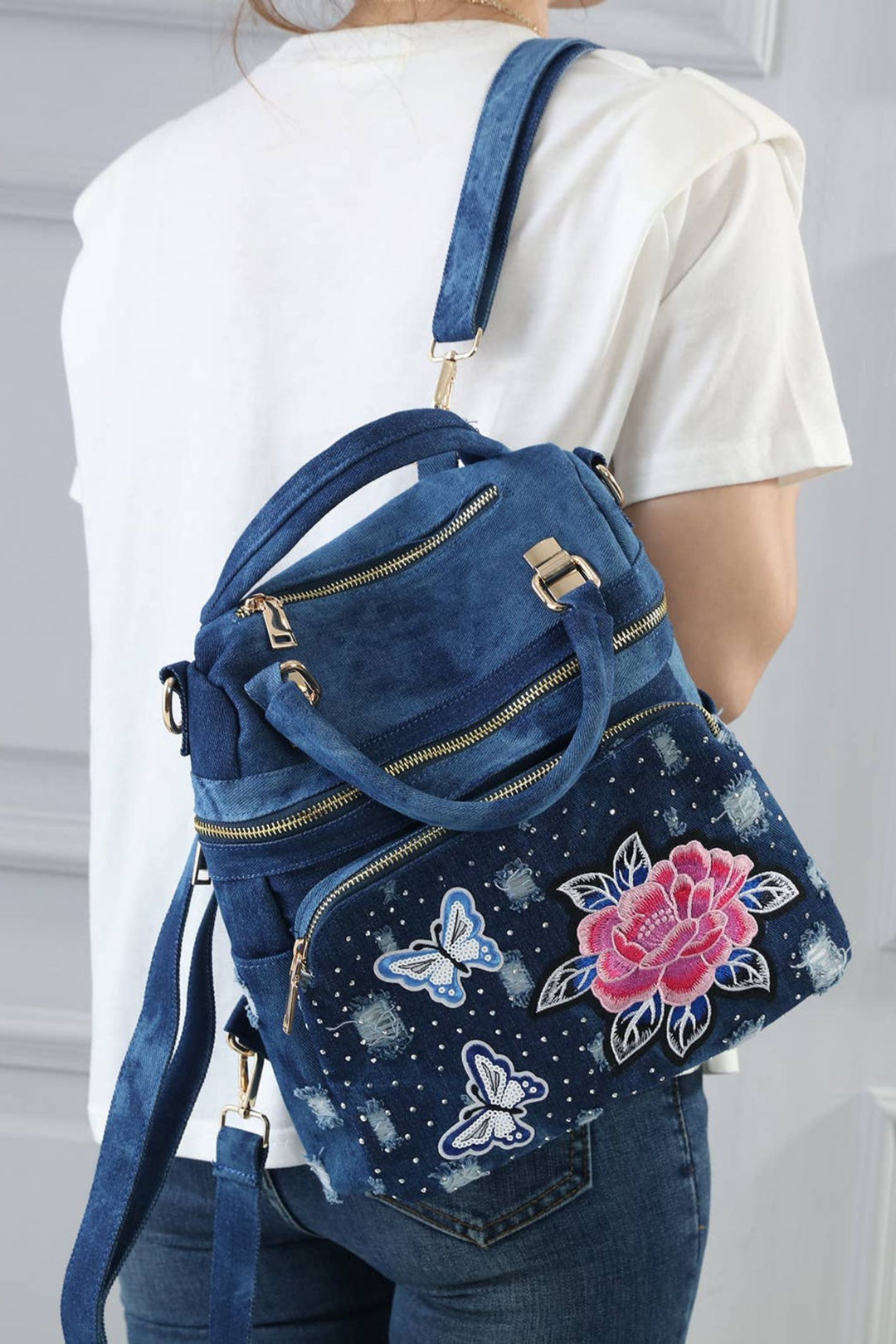 Denim Blue Flower Embellished Backpack