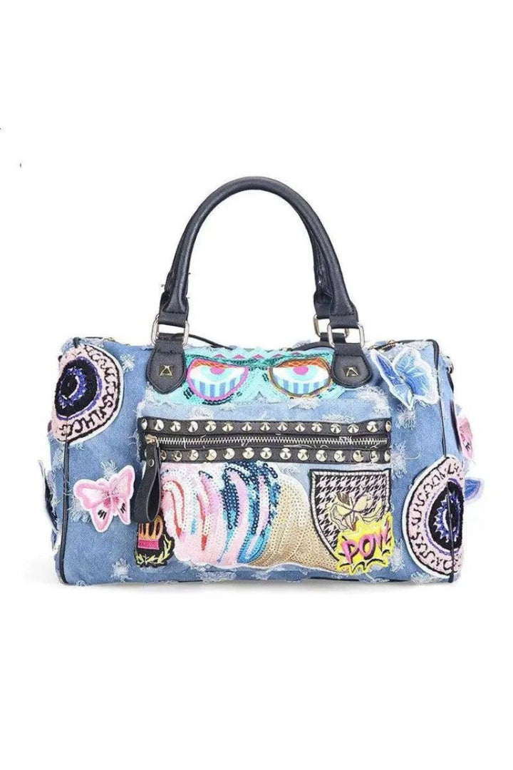 Denim Patchwork Handbag with Stud Zip Pocket