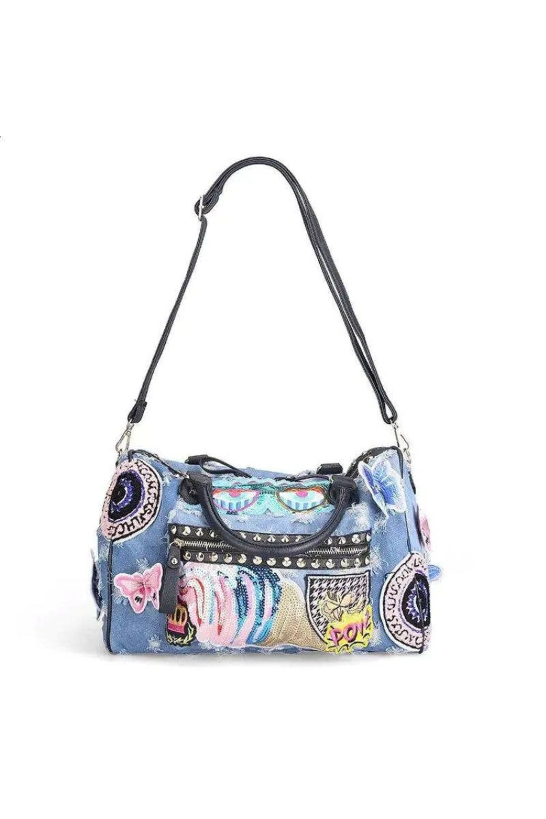 Denim Patchwork Handbag with Stud Zip Pocket