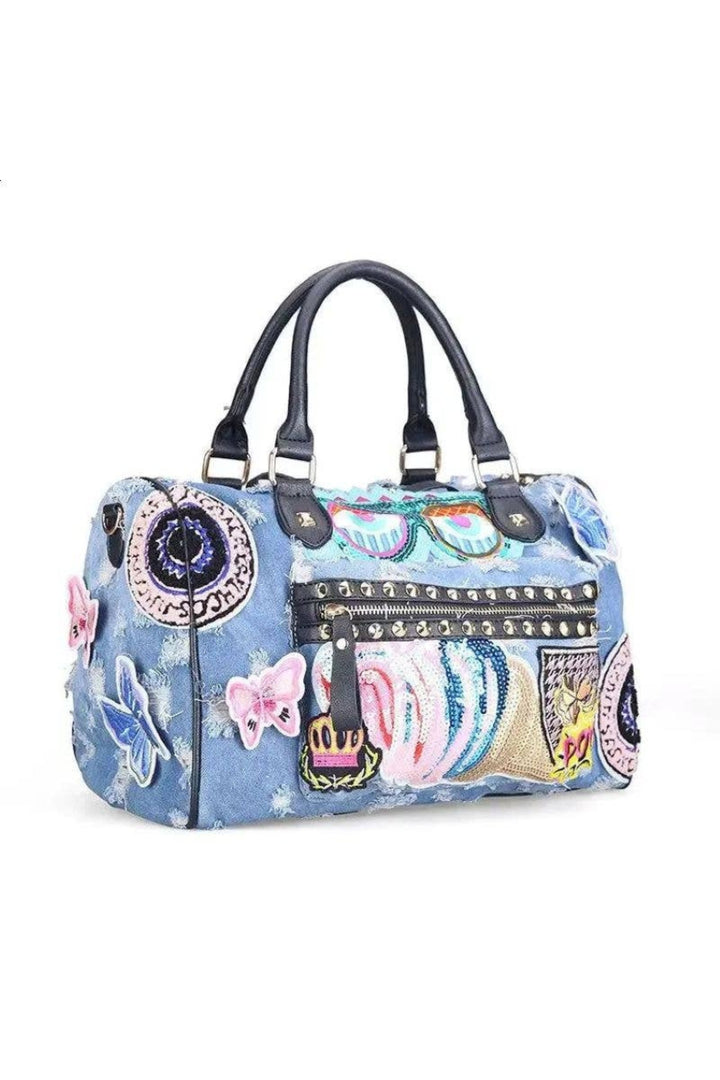 Denim Patchwork Handbag with Stud Zip Pocket