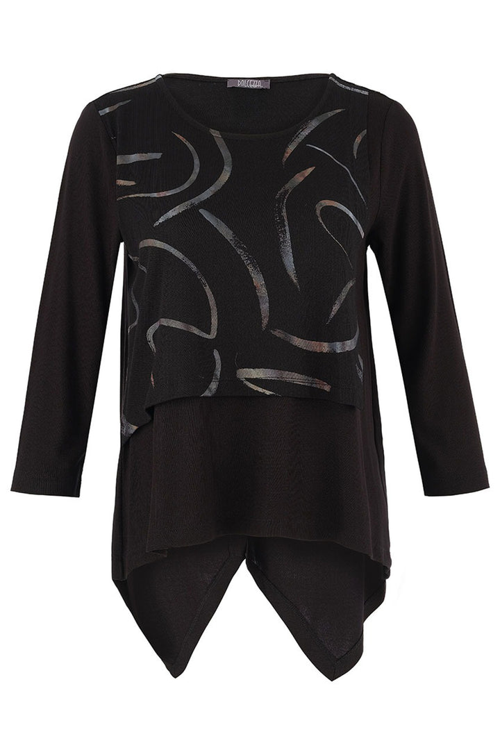 Black long-sleeve top with abstract pattern on a white background