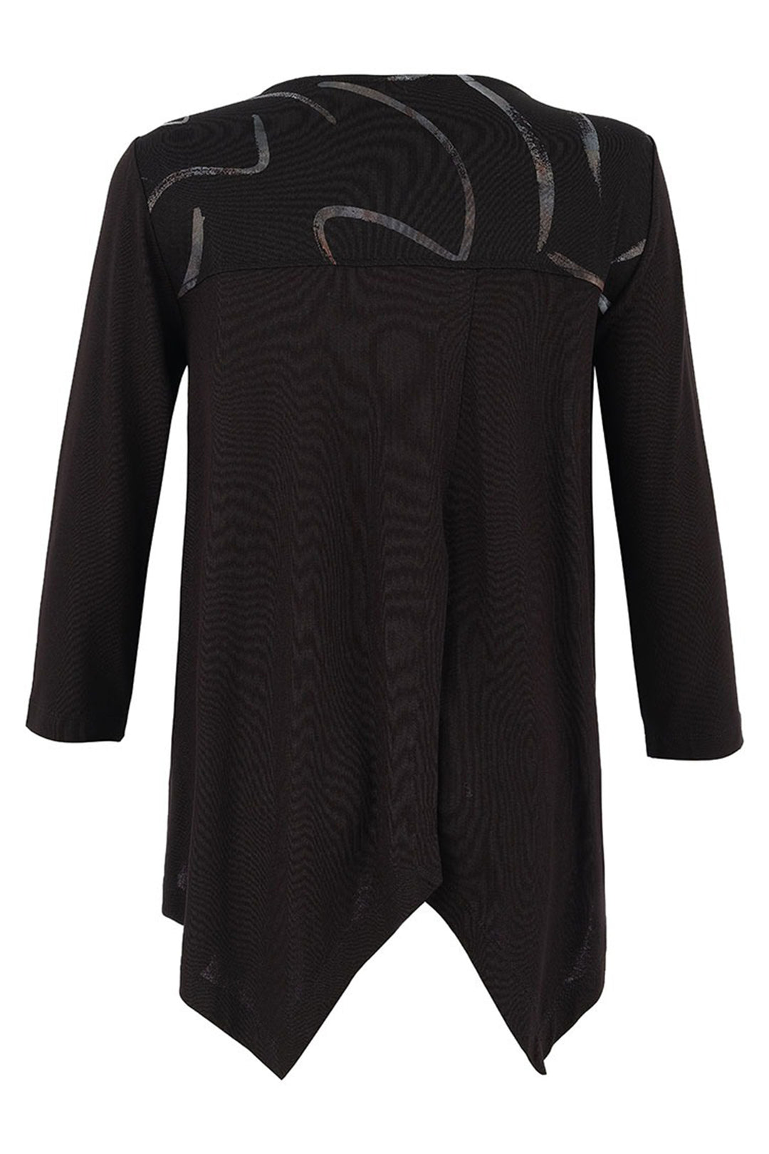 Black textured dress with decorative elements on a white background