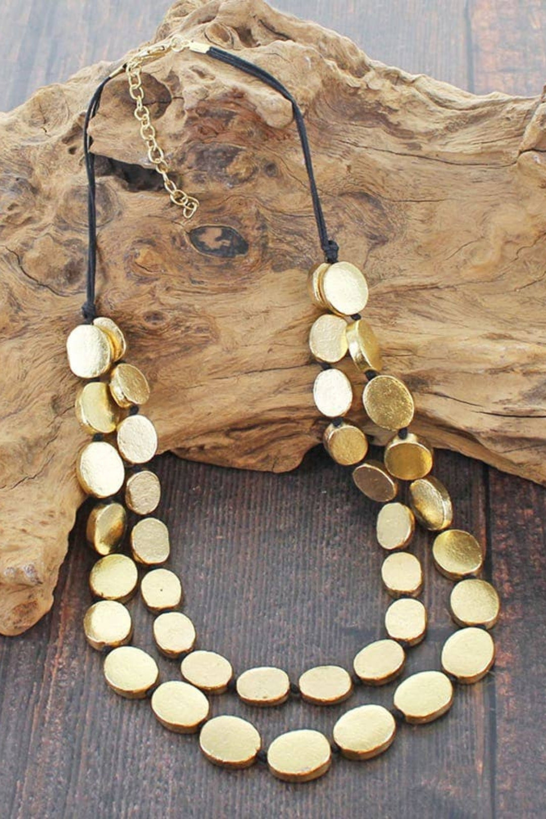 Double Strand Antiqued Golden Oval Disc Necklace