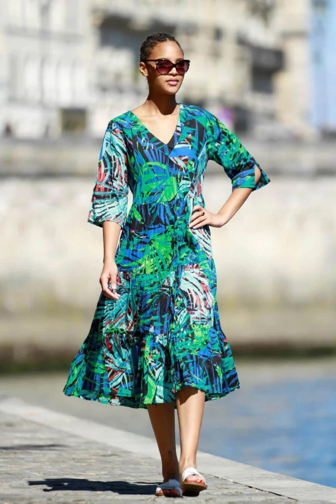 blue tropical print dress Sky Blue Tropical Botanic Print Flutter Sleeve Vacation Long Dress