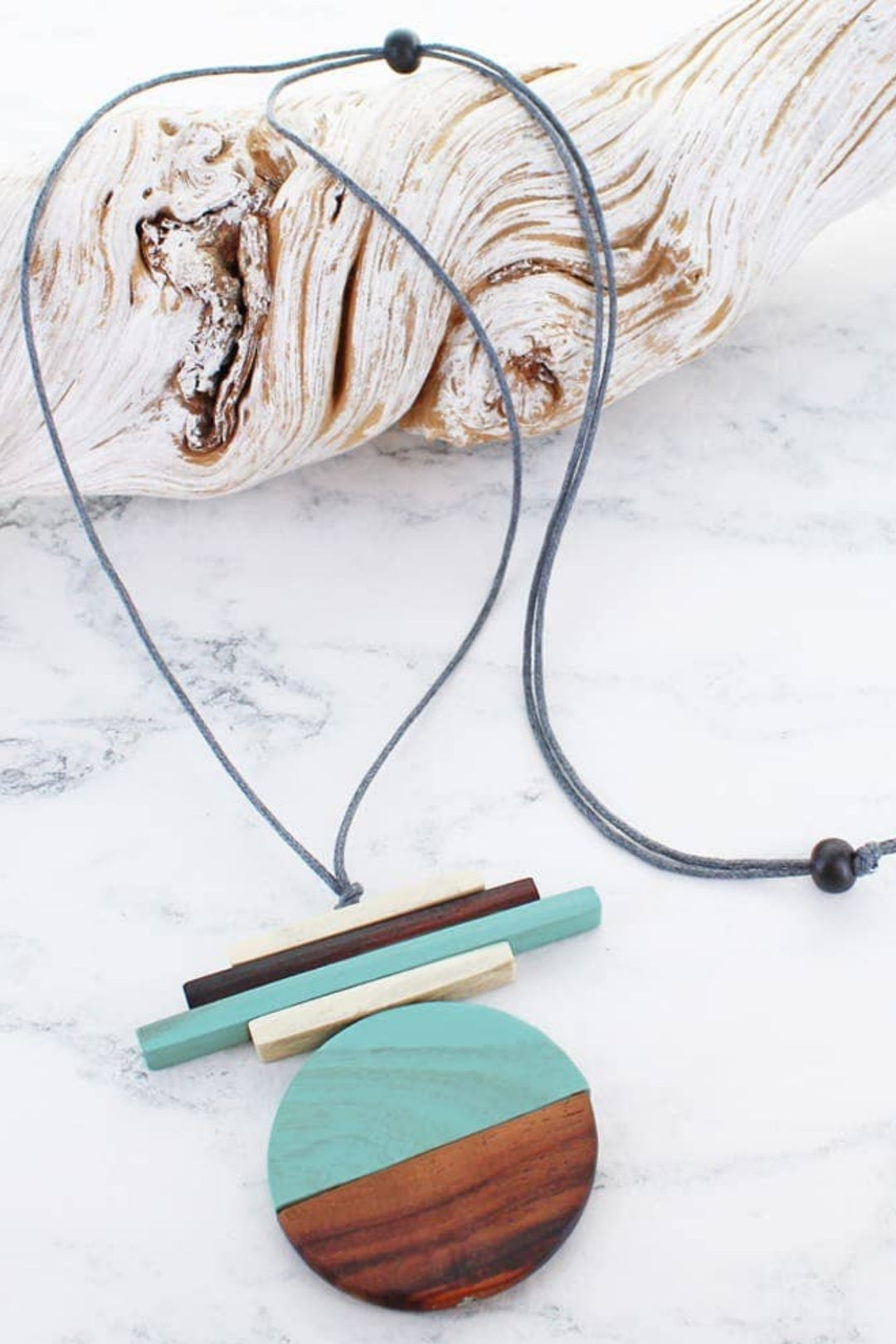 Duck Egg Blue Two-Tone Wooden Pendant Necklace