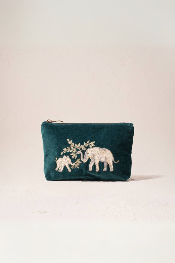Elizabeth Scarlett Elephant Herd Emerald Green Velvet Mini Pouch