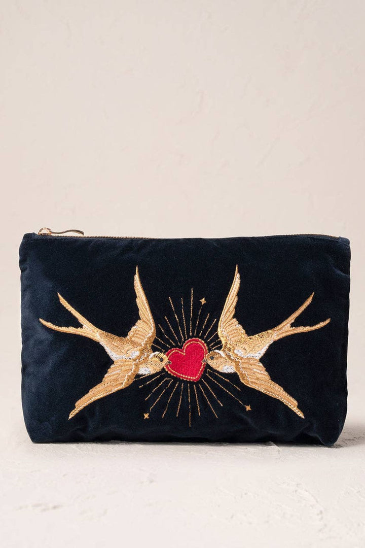 Elizabeth Scarlett Charcoal Swallow Heart Velvet Everyday Pouch