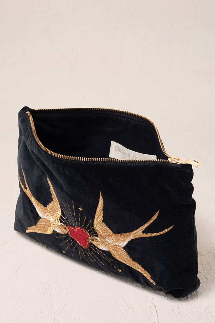 Elizabeth Scarlett Charcoal Swallow Heart Velvet Everyday Pouch