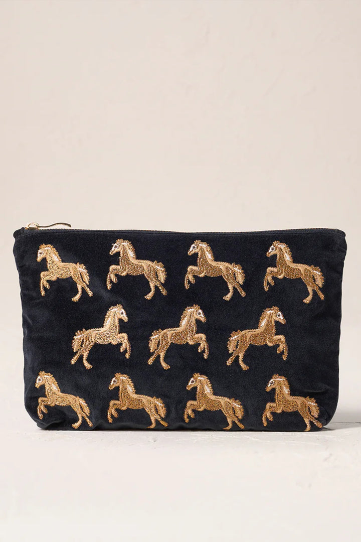 Elizabeth Scarlett Charcoal Wild Horses Velvet Everyday Pouch