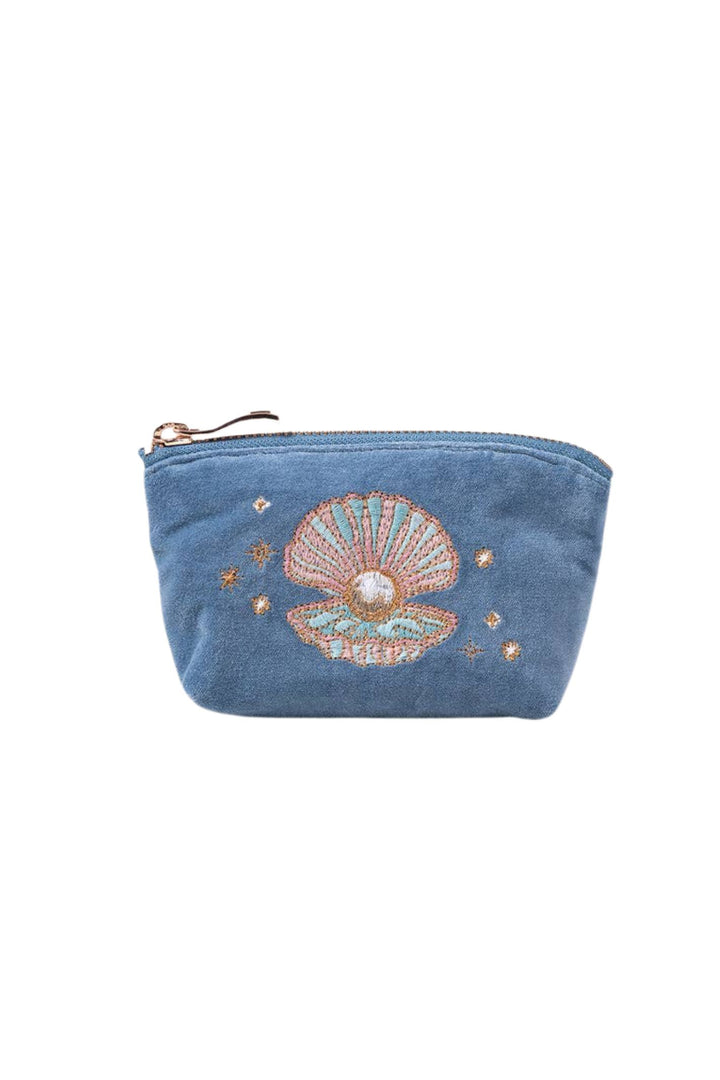 Elizabeth Scarlett Dusky Blue Pearl Shell Coin Velvet Purse