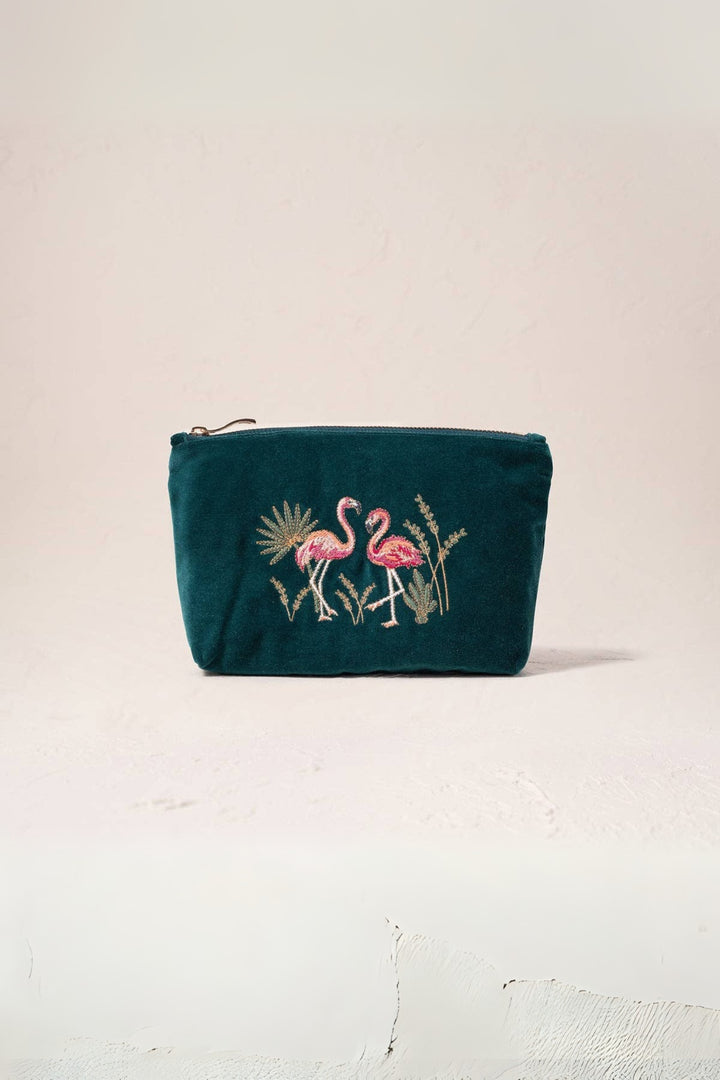 Elizabeth Scarlett Flamingos Emerald Velvet Mini Pouch