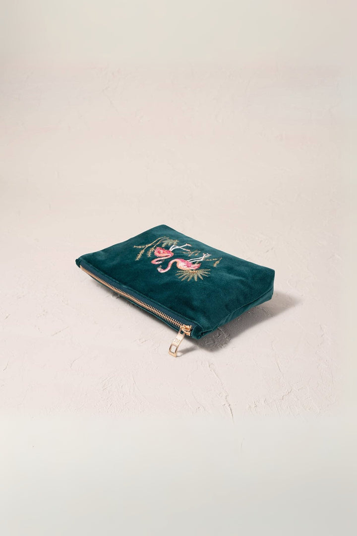 Elizabeth Scarlett Flamingos Emerald Velvet Mini Pouch