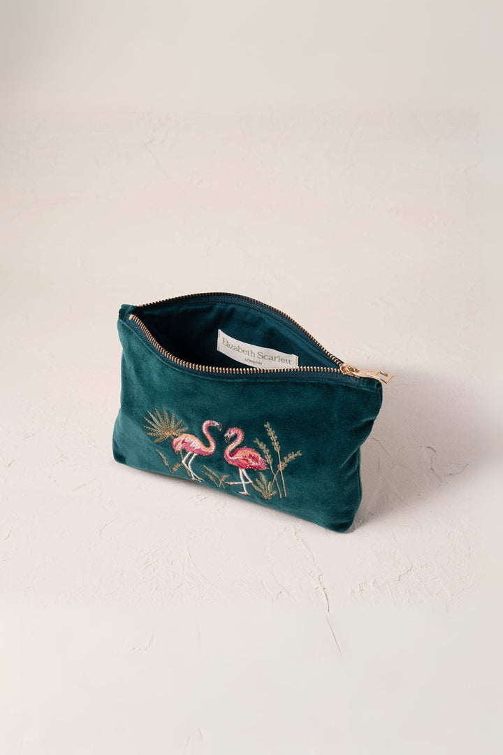 Elizabeth Scarlett Flamingos Emerald Velvet Mini Pouch