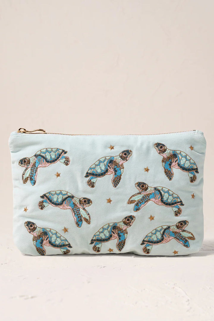 Elizabeth Scarlett Ice Blue Turtle Conservation Velvet Everyday Pouch