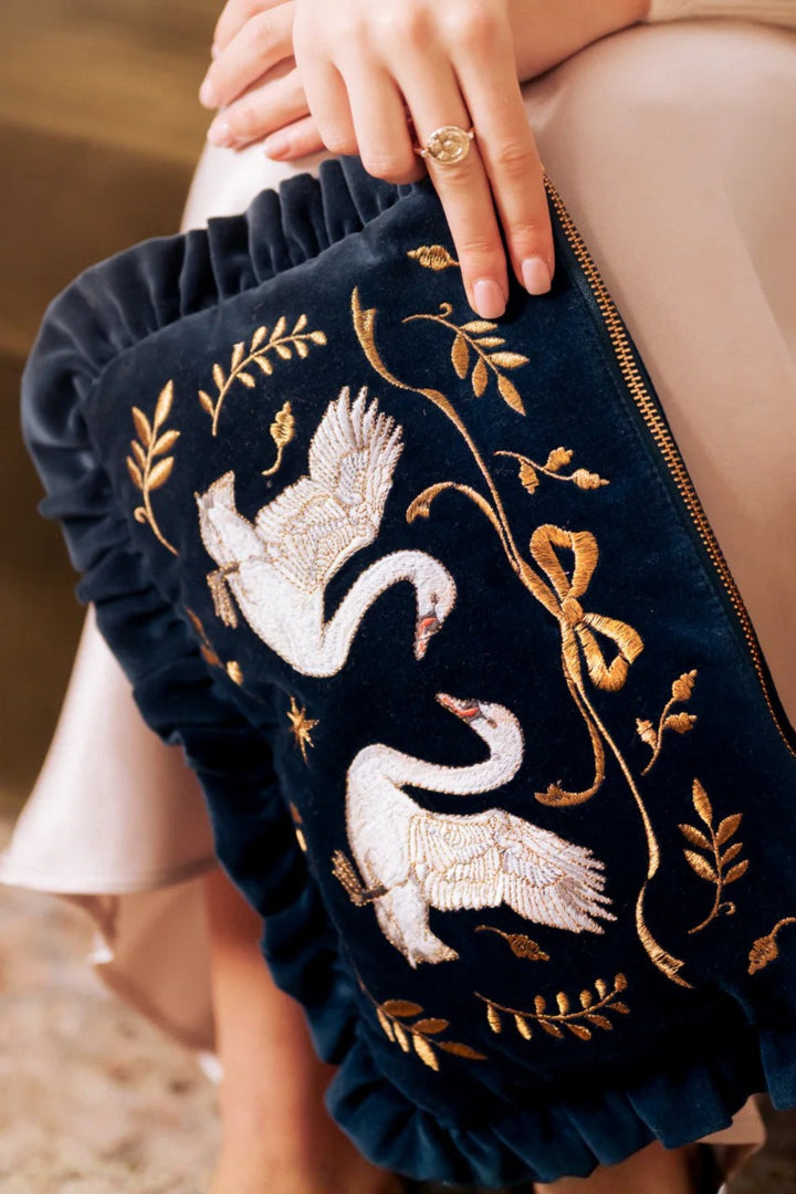 Elizabeth Scarlett Ink Blue Majestic Swans Frill Pouch