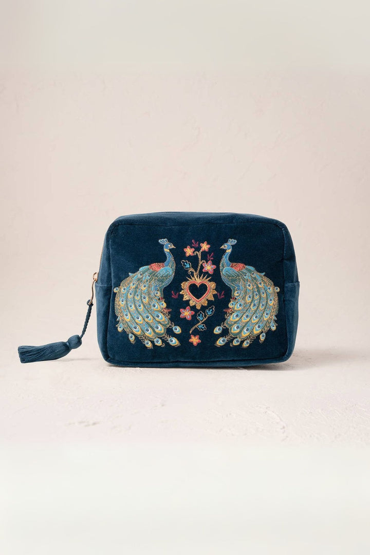Elizabeth Scarlett Ink Blue Peacock Floral Velvet Wash Bag