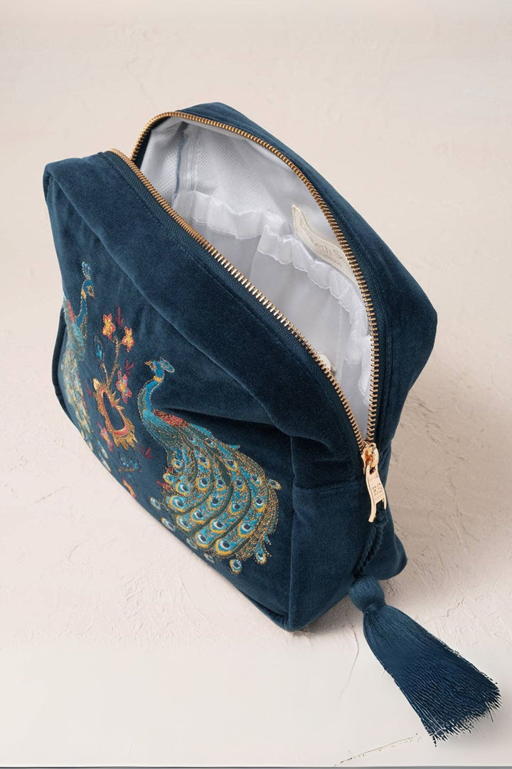 Elizabeth Scarlett Ink Blue Peacock Floral Velvet Wash Bag