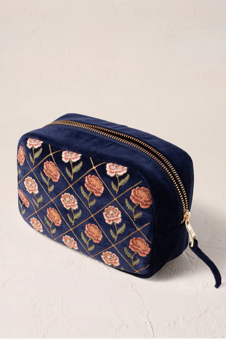 Elizabeth Scarlett Ink Blue Rose Velvet Makeup Bag