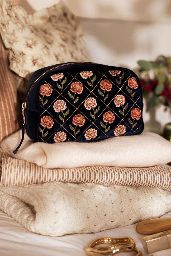 Elizabeth Scarlett Ink Blue Rose Velvet Makeup Bag