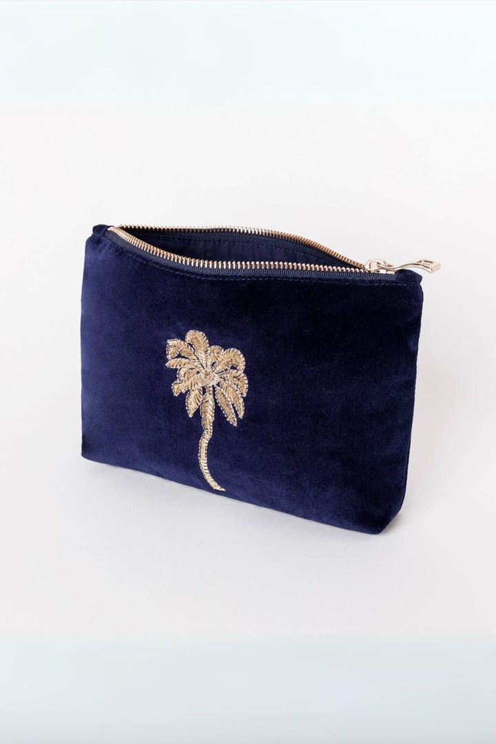 Elizabeth Scarlett Navy Gold Palm Mini Velvet Pouch