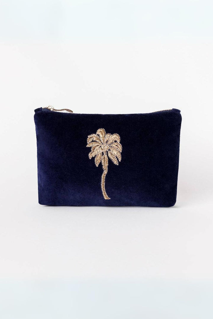 Elizabeth Scarlett Navy Gold Palm Mini Velvet Pouch