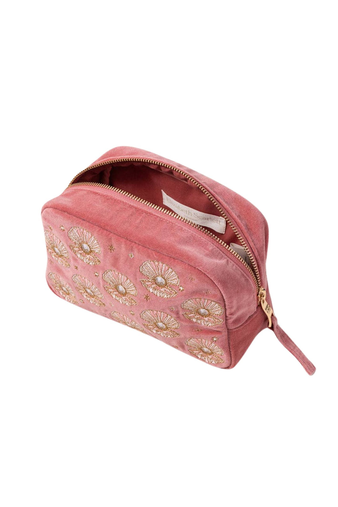 Elizabeth Scarlett Rose Pink Pearl Shell Velvet Makeup Bag